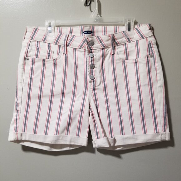 Old Navy Stripe Shorts Button Fly Cuffs Stretch Women's 12 - Picture 1 of 5